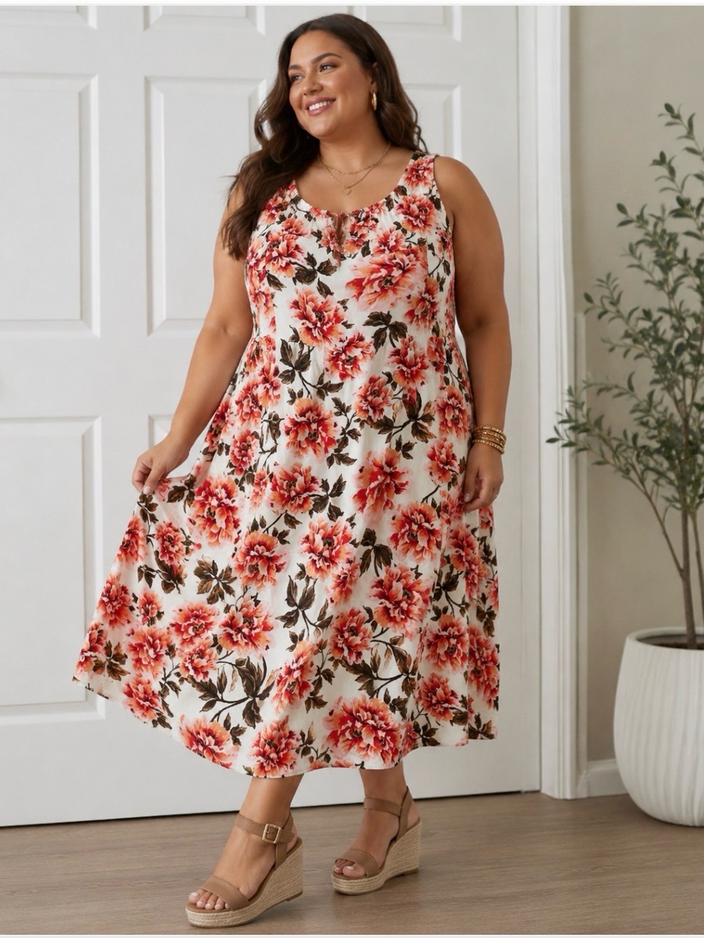Old Navy Womens Midi Dress 2X Coral Ivory Floral Sleeveless Summer Sundress New